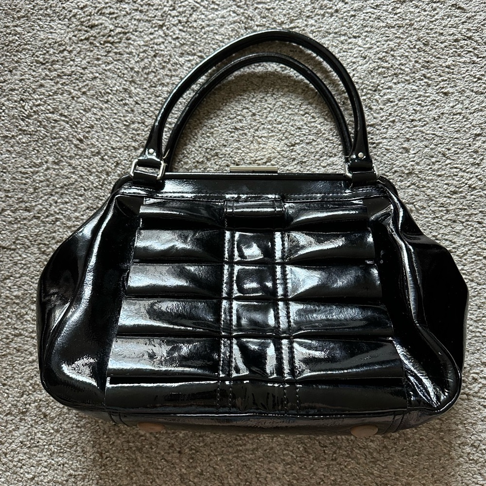 Orla Kiely Black Patent Quilted Frame-Top Shoulder Bag